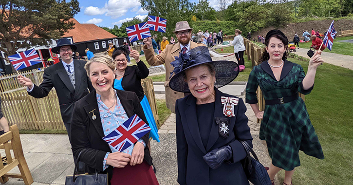 Mrs Sue Snowdon, Her Majesty's Lord-Lieutenant of County Durham (front right), with the Beamish team at the opening of Coronation Park.